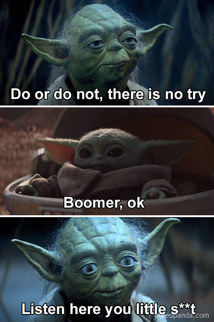 Baby Yoda and Yoda meme with humorous captions.