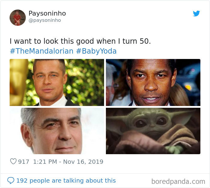 Baby Yoda meme with Baby Yoda and three men, captioned "I want to look this good when I turn 50."