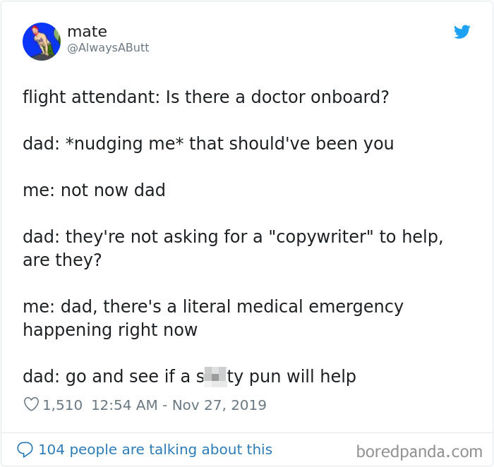 A humorous meme about a father's comment during a flight asking for a doctor.