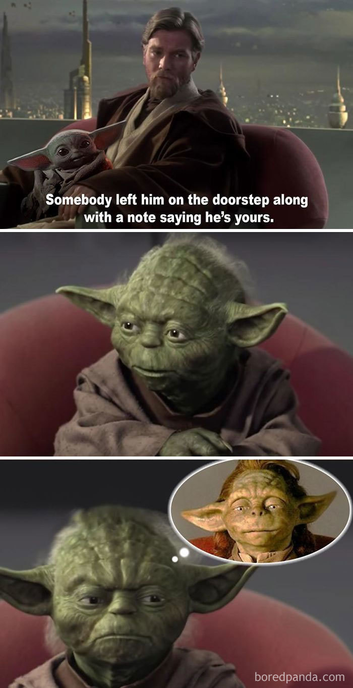 Baby Yoda meme featuring Grogu with funny note and Yoda's confused expression.