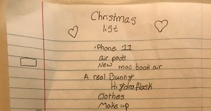 La gente se parte de risa al leer esta lista de regalos de Navidad de una niña de 10 años, cuyo padre compartió