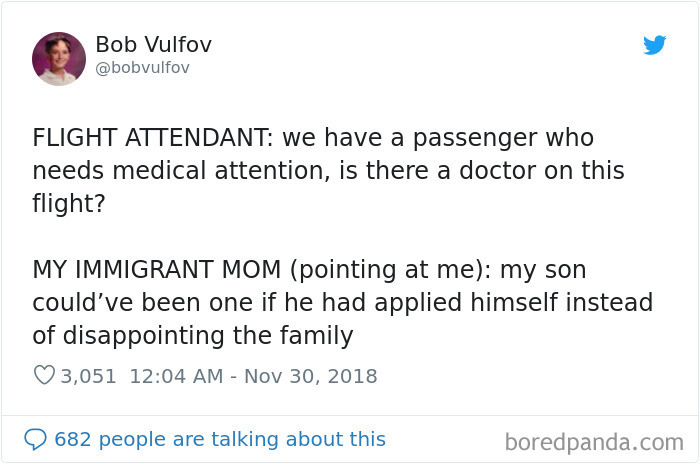 Meme about a flight attendant asking for a doctor, with a funny response from an immigrant mom about her son.