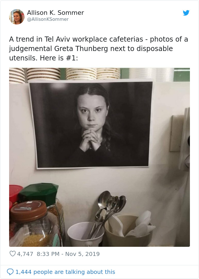 Office Workers Are Being Deterred From Using Plastic By These Photos Of Greta Thunberg Office Workers Are Being Deterred From Using Plastic By These Photos Of Greta Thunberg