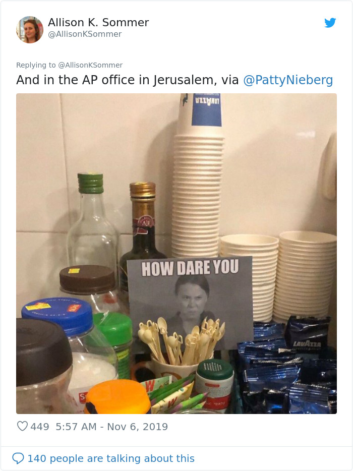 Office Workers Are Being Deterred From Using Plastic By These Photos Of Greta Thunberg Office Workers Are Being Deterred From Using Plastic By These Photos Of Greta Thunberg