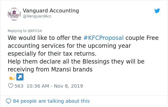 Twitter VanguardAcc user reacting to KFC proposal story