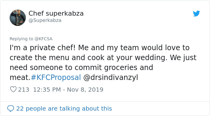 Twitter Superkabza user reacting to KFC proposal story Twitter Superkabza user reacting to KFC proposal story