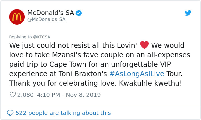 Twitter McDonalds_SA user reacting to KFC proposal story Twitter McDonalds_SA user reacting to KFC proposal story