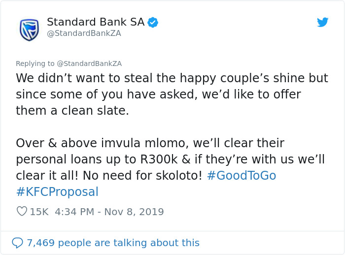 Twitter StandardBankZA user reacting to KFC proposal story