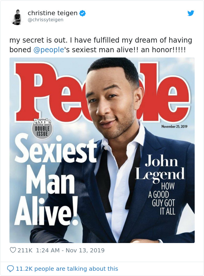 John Legend Is Named 2019's Sexiest Man Alive And His Wife Chrissy Teigen Can't Stop Trolling Him