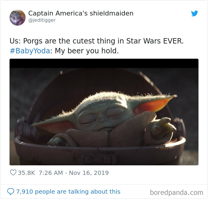Baby Yoda sleeping peacefully in a meme, captioned humorously about Porgs' cuteness in Star Wars.
