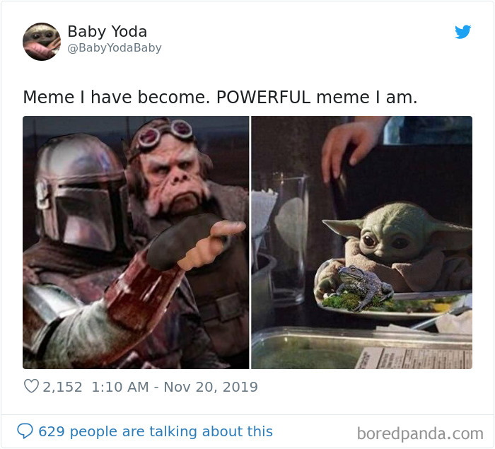 Grogu meme featuring Baby Yoda on the right side, amused, with a cup, next to Mandalorian characters on the left.