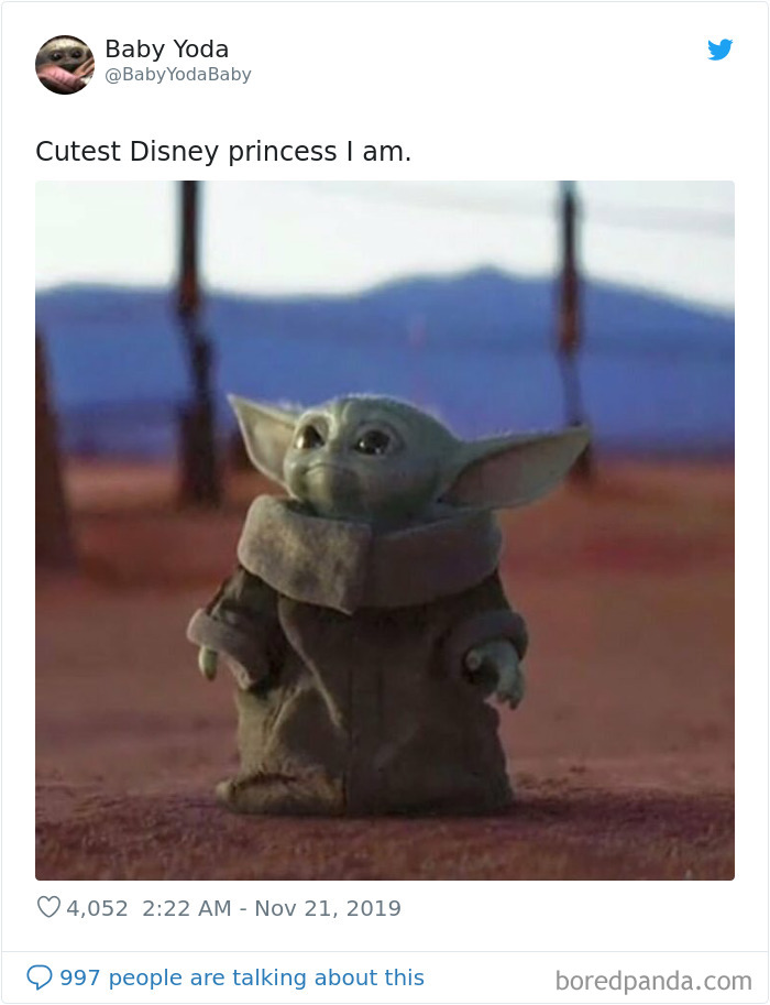 Grogu looking adorable, captioned as the "cutest Disney princess I am," in a meme.