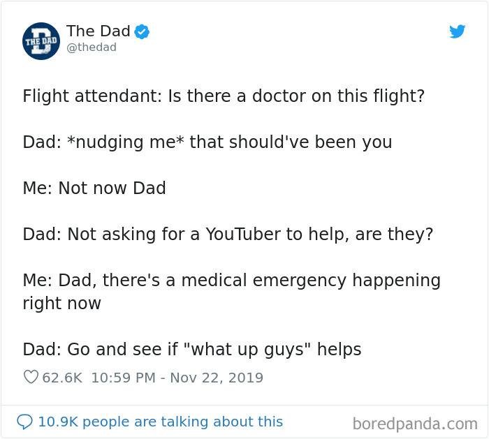 Funny meme about a dad joking during an emergency on a flight asking for a doctor.