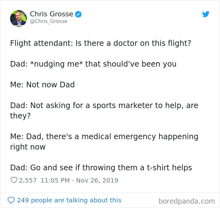 Tweet meme about “Is there a doctor on this flight?” with humorous dialogue between a father and child.