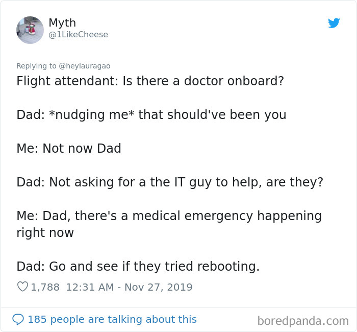 A meme about a dad's humorous response to an in-flight doctor request, highlighting IT support humor.