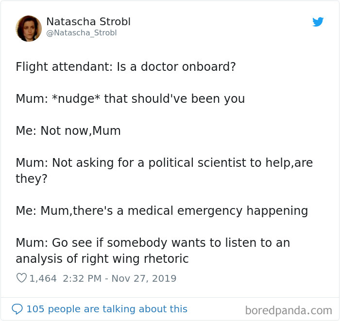 Text meme about a flight attendant seeking a doctor, with humorous political scientist response.