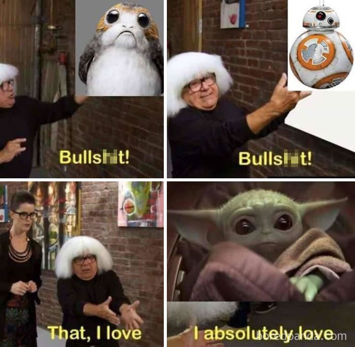 Funny meme featuring Baby Yoda, characters discuss what they love with an image of Grogu at the end.