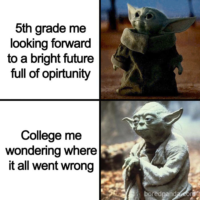 Baby Yoda meme showing youthful optimism versus adult reflection.