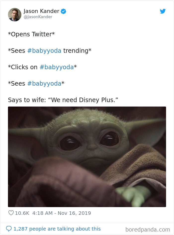 Baby Yoda meme with Grogu, wrapped in blanket, inspiring need for Disney Plus subscription.