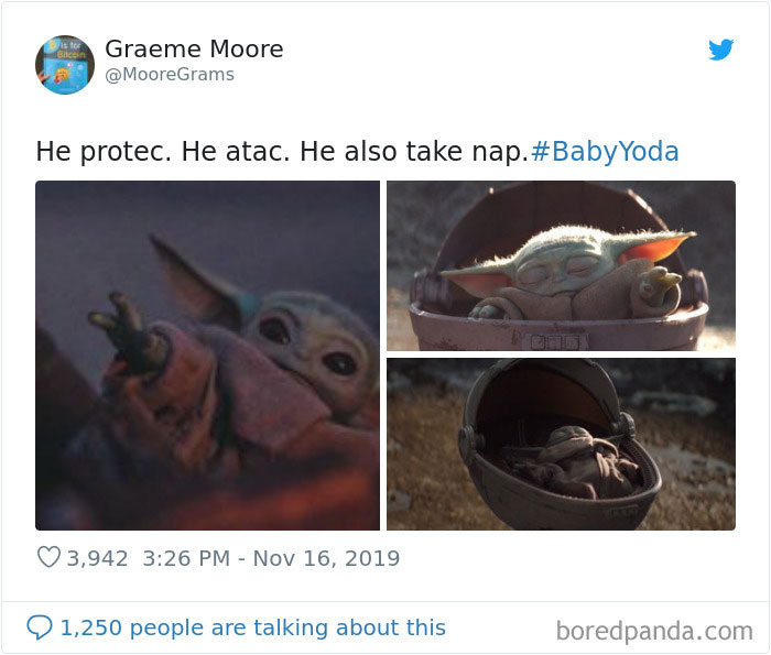 Baby Yoda in three cute poses: protecting, resting, and napping in his pod.