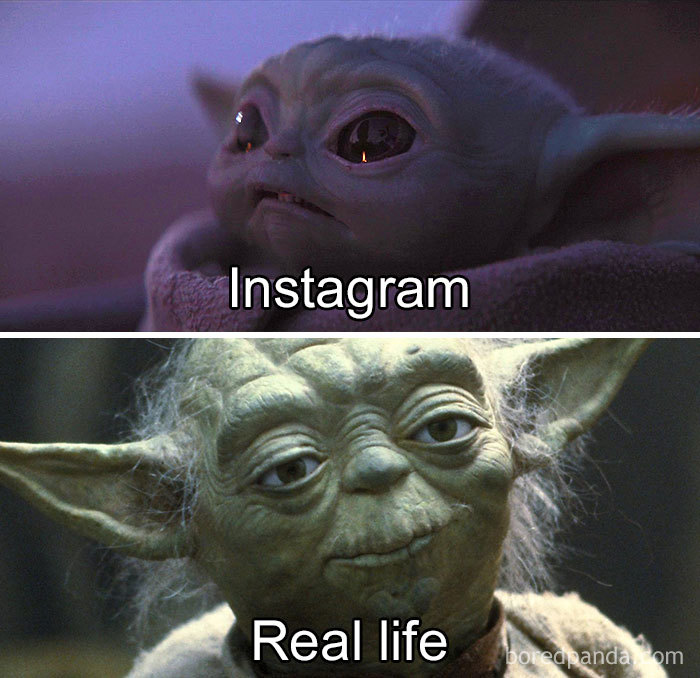 Baby Yoda meme comparing Instagram to real life; cute Grogu humor with split image.