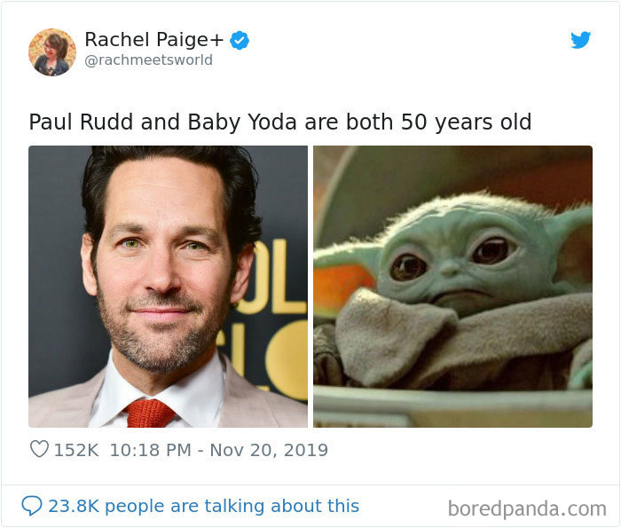 Paul Rudd and Baby Yoda meme comparing their ages humorously paired side by side.