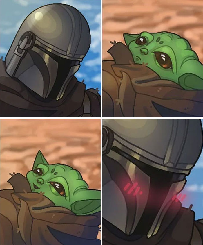 Grogu being held by a Mandalorian with a blushing helmet, capturing a cute moment in a meme.