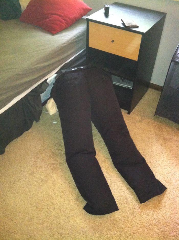 This Scared The S**t Out Of Me When I Walked Into My Room (Pants Were On A Fan To Dry I Guess)