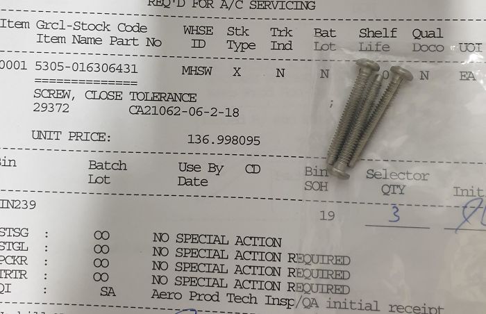 Three Screws (Aircraft Grade) That Cost $136.99 Dollars Each
