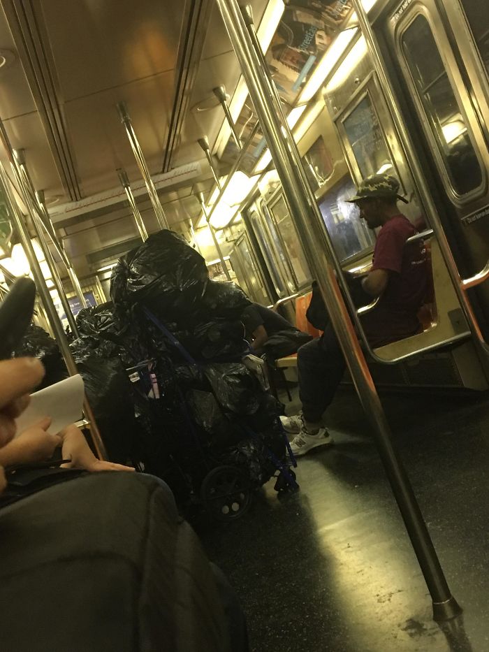 Today This Guy Brought Like 4 Carts Of Full Trash Bags Onto The Subway (NYC)