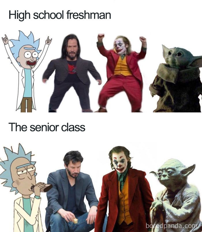 High school freshman versus senior class meme featuring Baby Yoda and pop culture characters.