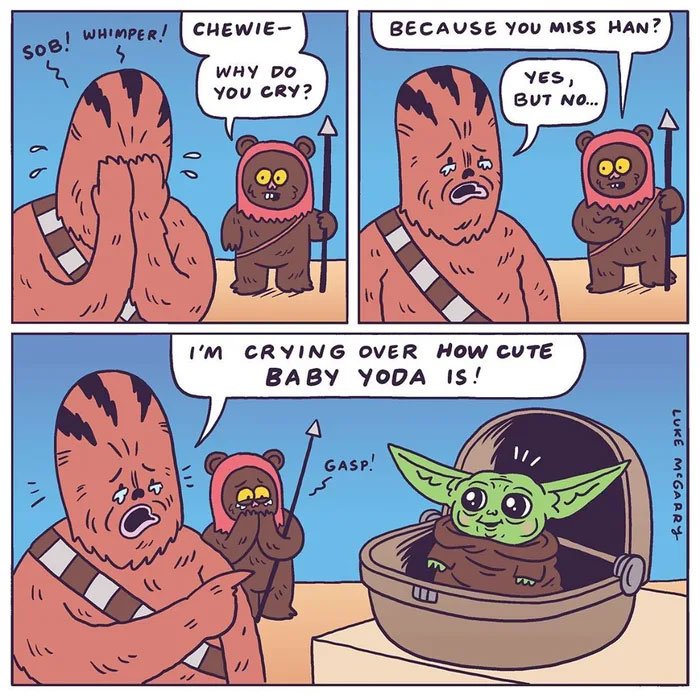 Chewbacca cries over Baby Yoda's cuteness in a funny Grogu meme. An Ewok stands nearby looking surprised.