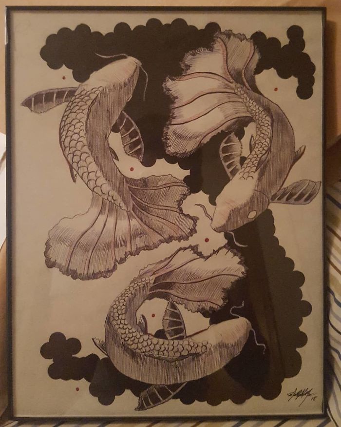 An Old Favorite Of Mine That I Entered Into The Sandwich Fair Last Year. Betta Fish And Koi Fish Hybrids With A Bold Shape To Relate The Three Of Them Together Harmoniously. Happy Tuesday, Y'all. 🐠🐳🐋🐬🦈🐙🦀🦐🦑🦋 #illustration #charcoal #artist #guitarists #koifish #bettafish