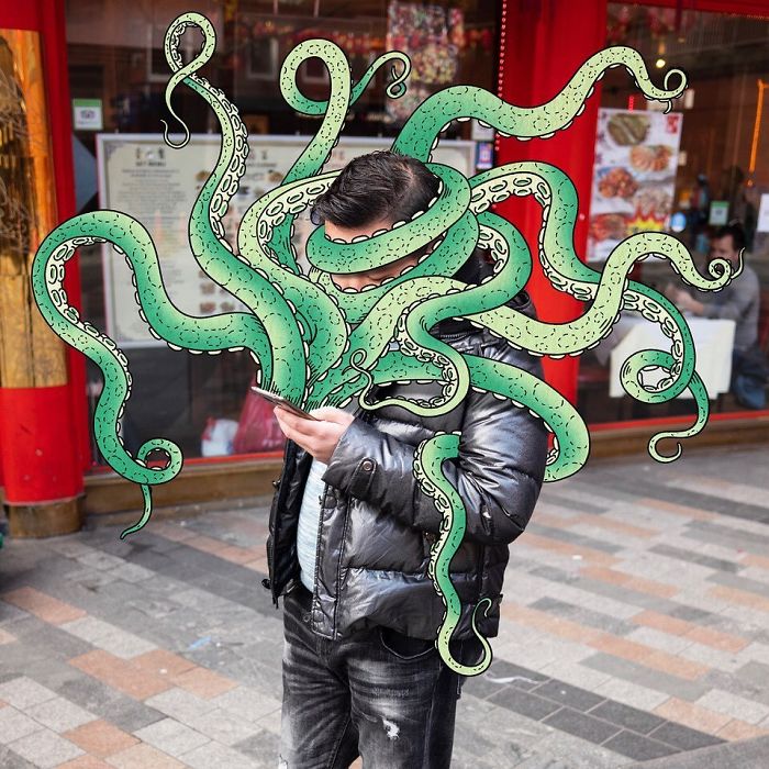 Artist Illustrates People Being Drawn Into Their Smartphones By Digital Monsters (8 Pics)