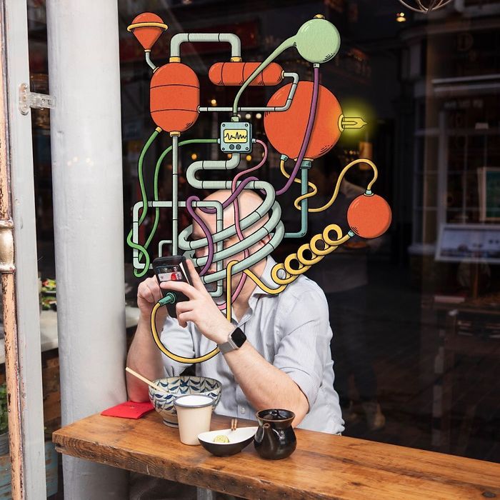 Artist Illustrates People Being Drawn Into Their Smartphones By Digital Monsters (8 Pics)