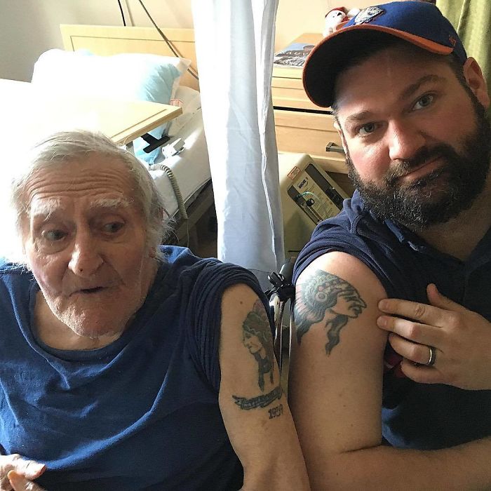 Visiting Grandpa Bob Today. We Both Have Old School Indian Head Tattoos. His Was Done By Me 16 Years Ago And Mine - 19 Years Ago