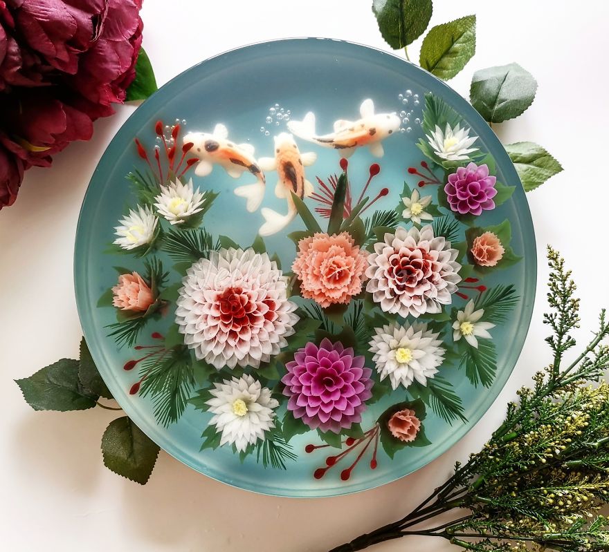 I Handcraft Realistic Floral 3D Jelly Koi Ponds, Birds And Characters.