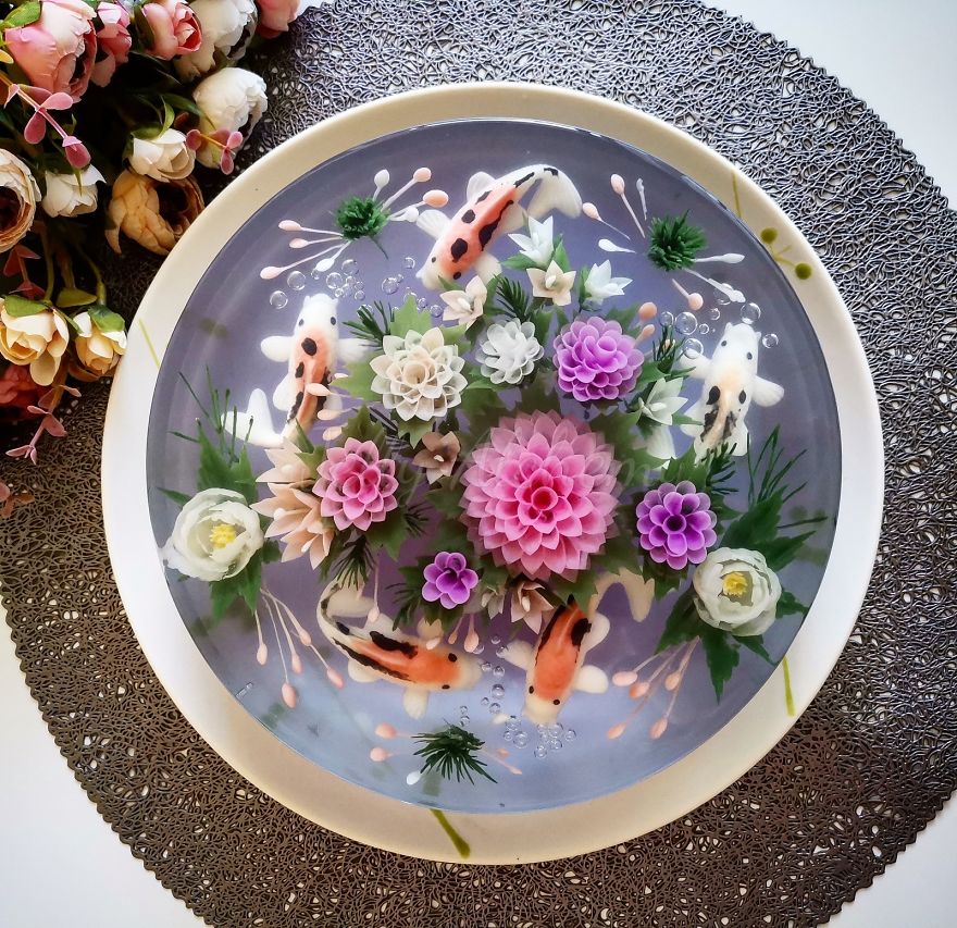 I Handcraft Realistic Floral 3D Jelly Koi Ponds, Birds And Characters.