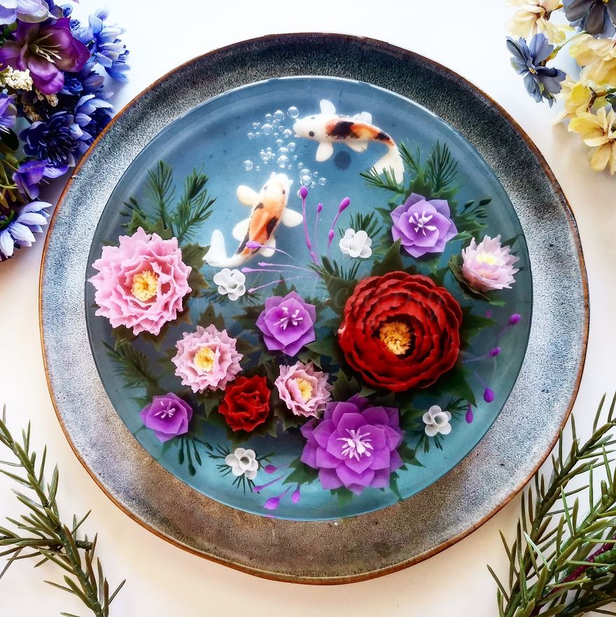 I Handcraft Realistic Floral 3D Jelly Koi Ponds, Birds And Characters.