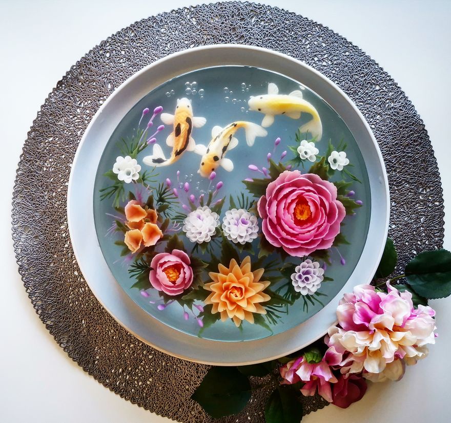 I Handcraft Realistic Floral 3D Jelly Koi Ponds, Birds And Characters.