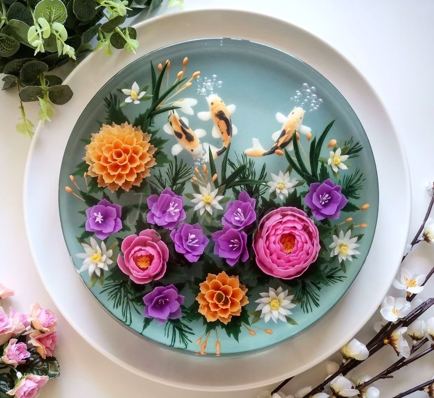 I Handcraft Realistic Floral 3D Jelly Koi Ponds, Birds And Characters.