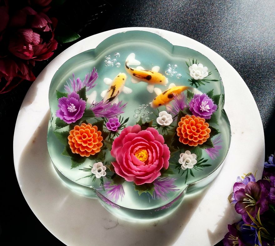I Handcraft Realistic Floral 3D Jelly Koi Ponds, Birds And Characters.
