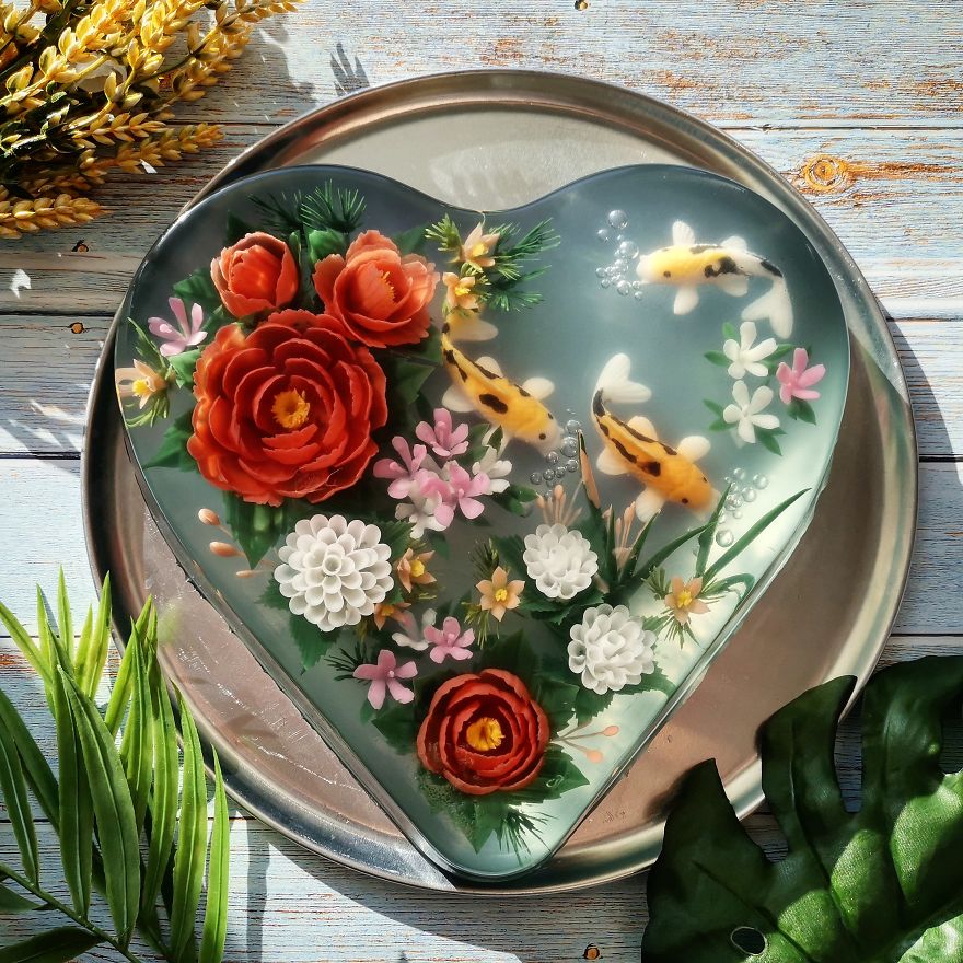 I Handcraft Realistic Floral 3D Jelly Koi Ponds, Birds And Characters.