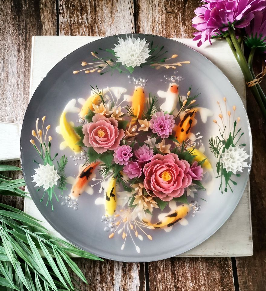 I Handcraft Realistic Floral 3D Jelly Koi Ponds, Birds And Characters.