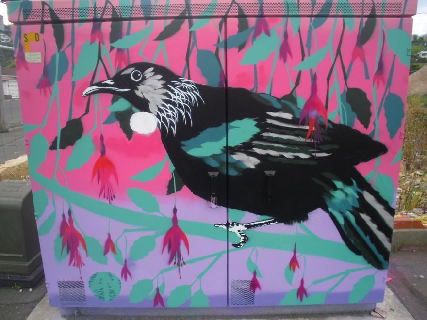 Native Tui With Fuchsia Flowers By Aroha Novak