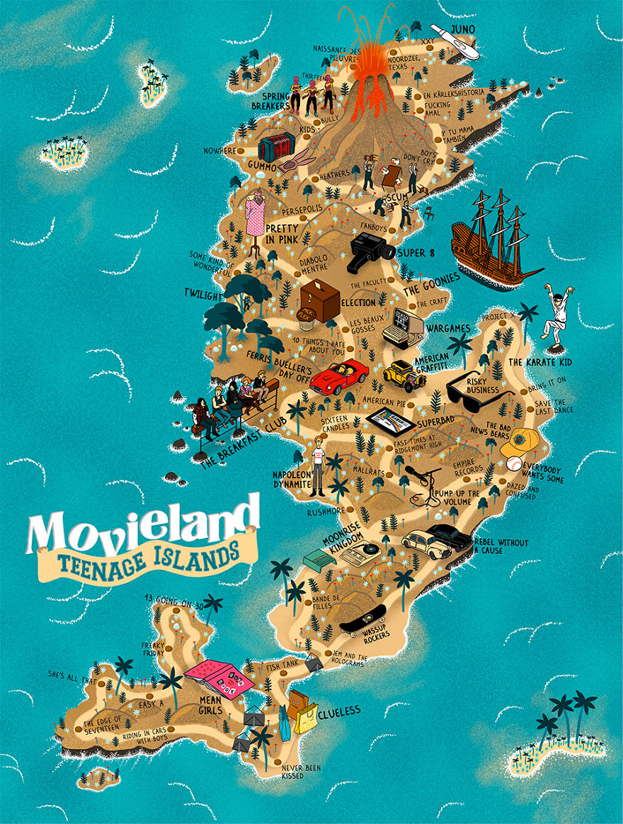 2 Years After Creating The Map Of Movieland With More Than 1,800 Movies, I Teamed Up With An Artist To Create Illustrated Maps For Movie Buffs
