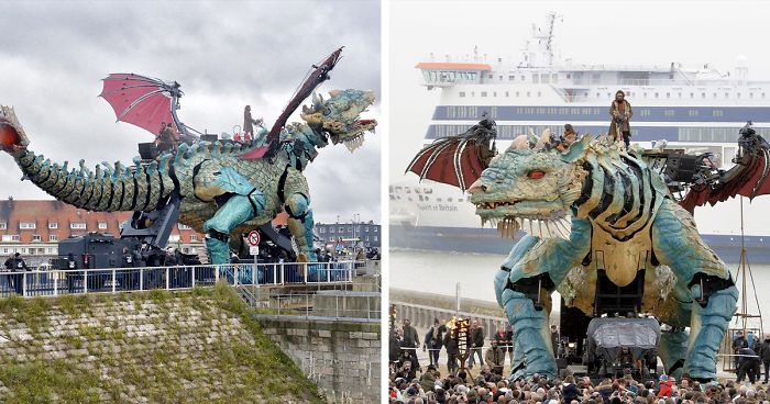The Citizens Of Calais Witnessed A 25-Meter-Long Fire-Breathing Mechanical Dragon Manned By 17 People