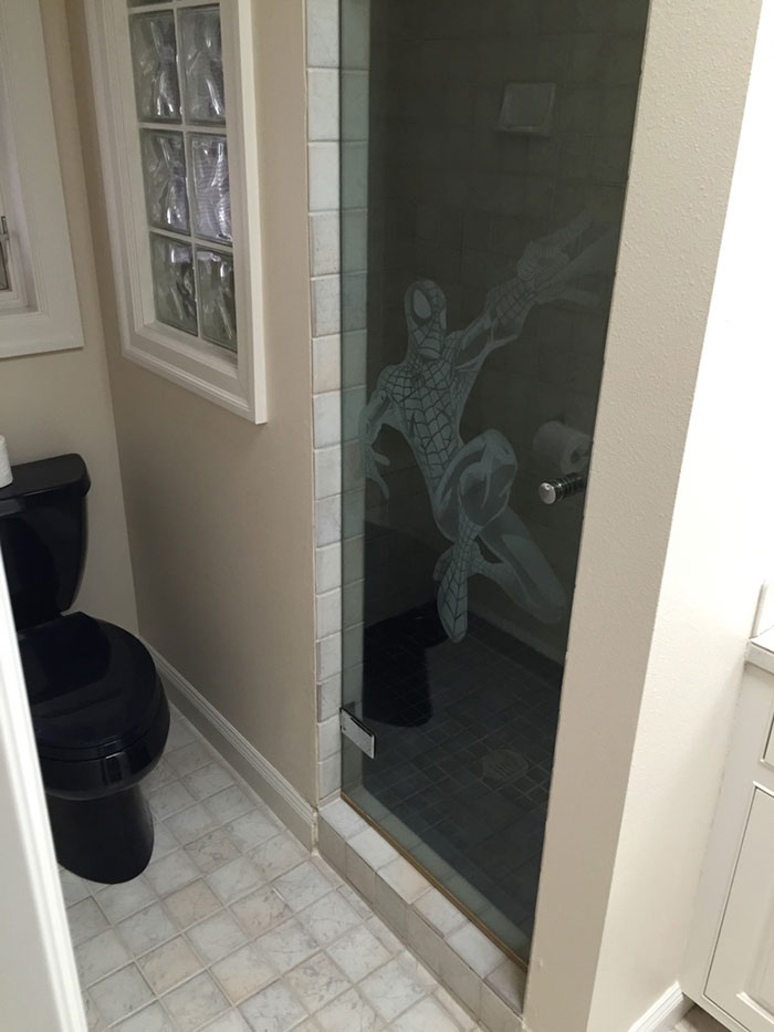 This Is Etched Into My Client's Shower Door In The House He Just Bought. He Says He "May" Keep It