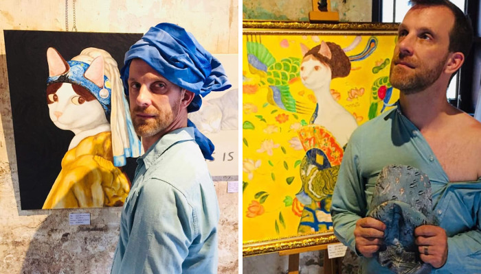 My Friend Visited Our Exhibition And Channeled Our Cat Paintings Perfectly