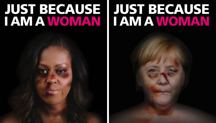 A Powerful Anti-Domestic Violence Campaign Uses Women Leaders Of World Politics As Victims Of Gender Violence